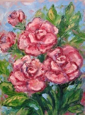 Original mini impasto oil painting Garden Roses in pink wall shelf decoration