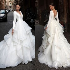 Luxury A-Line Wedding Dress V-Neck Long Sleeved Layered Pleat Satin Bridal Gowns