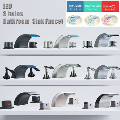8'' Widespread LED Bathroom Sink Faucet 3Holes 2 Handle Waterfall Basin Mixer Tap