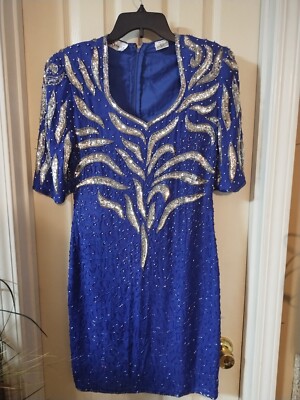 Vintage Night Vogue Blue Sequins And Beaded Silk Dress XL Elvis Presley Fan  Era | eBay