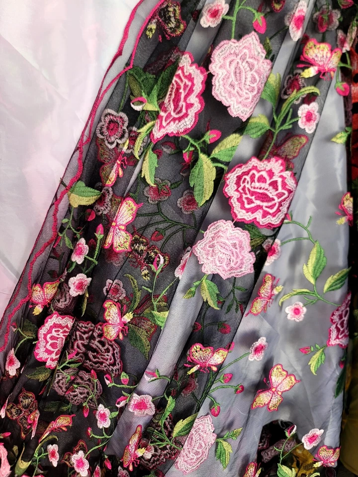 Fabric Sold By The Yard Pink Embroidery Lace Floral Flowers on Black Mesh Prom  - Image 3 of 4