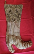 Beaded Christmas Stocking  Gold 19" High Heel Boot Victorian NIce!