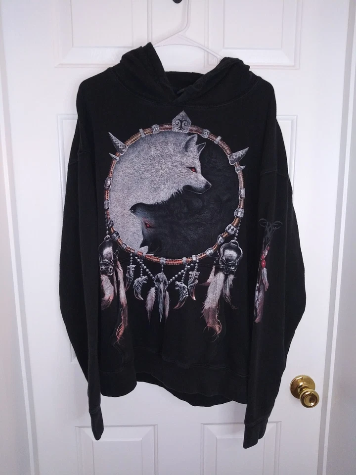 WOLF CHI - Sudadera con capucha de bolsillo lateral negra. Hombre Talla XXL. LOBO EN LA PARTE DELANTERA Y TRASERA Foto 3 de 4