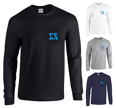 Sigma Chi Long Sleeve POCKET Shirt Sig Chi Fraternity Blue Letters - NEW