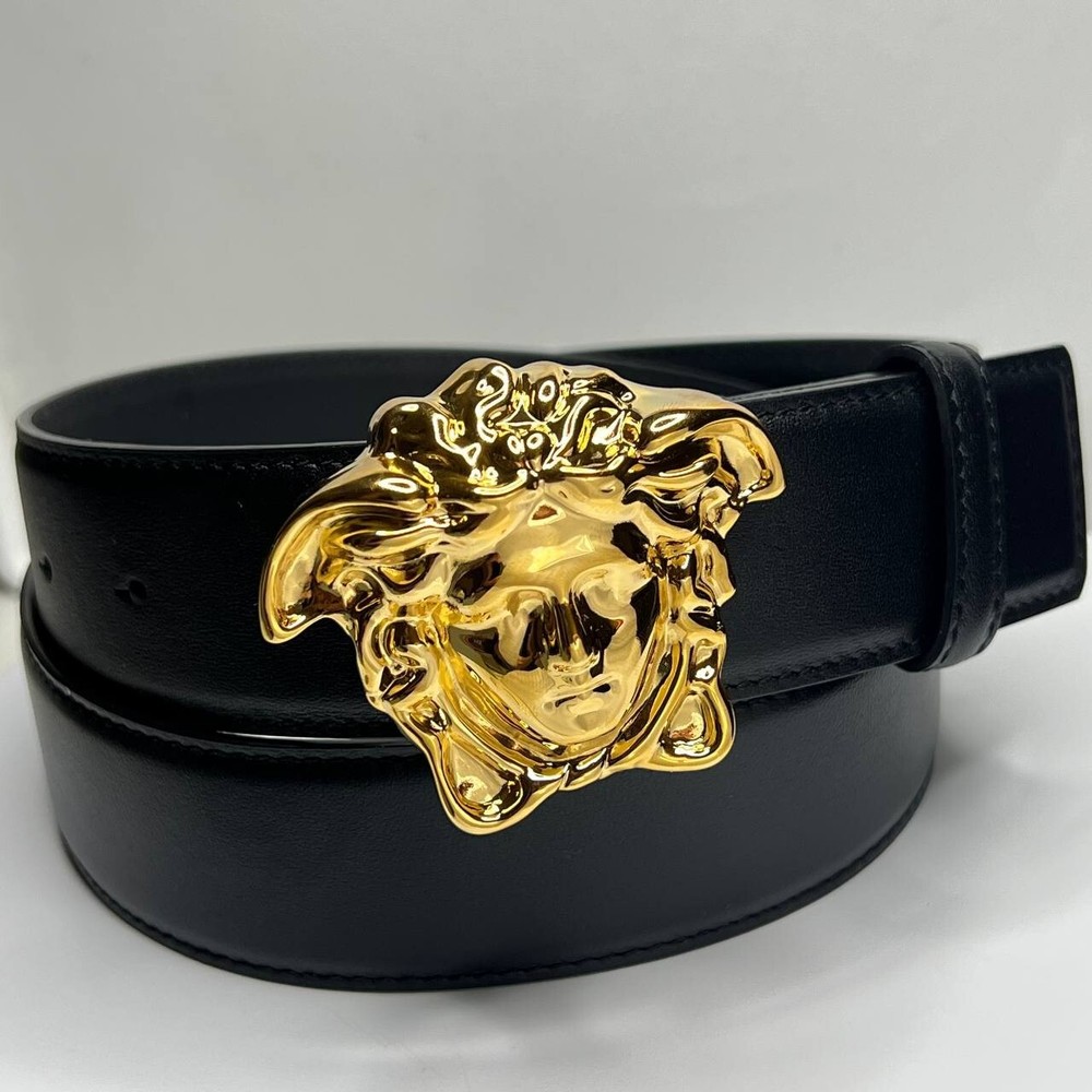 Authentic Gold Medusa Buckle Black Leather Men's Versace Belt
