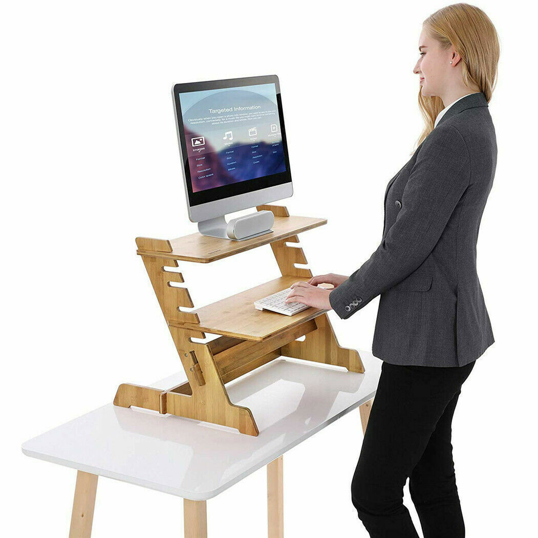 Bamboo Computer Desk Monitor Riser Stand Steady Up Laptop Workstation Converter-image