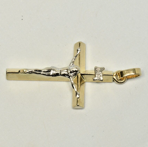 14k Yellow Gold Vintage Cross White image Crucifix Pendant Triangle Bar style - Picture 4 of 8