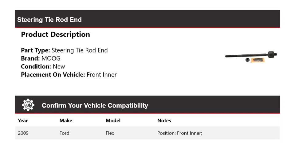 Передний внутренний конец рулевого анкерного стержня для 2009 Ford Flex MOOG - Изображение 2 из 4