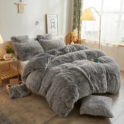 LUXURY ULTRA SOFT COZY & FLUFFY PLUSH LUXURY GREY FAUX SHAGGY FUR COMFORTER SET
