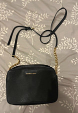 Michael Kors Black Leather Crossbody Bag Gold Hardware Chain Strap Zip