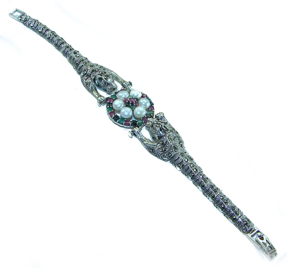 Sterling Silver Red Pearl Panther Bracelet Handcrafted 925 Silver Unique - Image 3 of 4