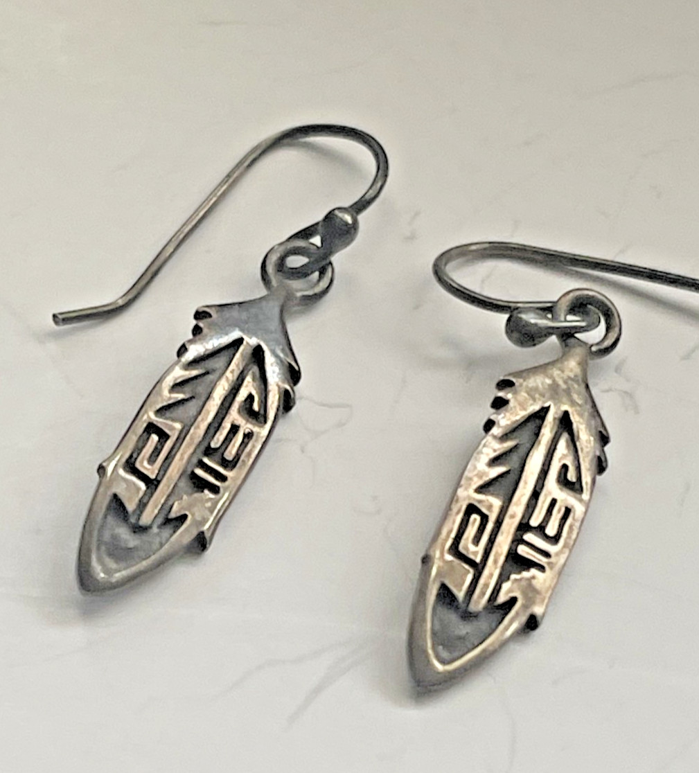 Native Signed Sterling Feather Drop Earrings Carv… - image 2