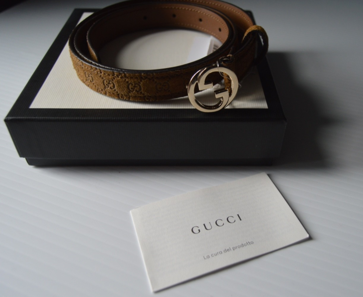 GUCCI Blondie Thin Brown 100% Calf Suede Leather Belt 85 cm Width 2 cm
