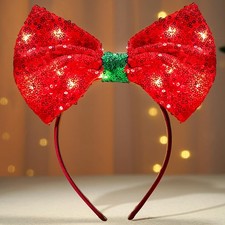 Light Up Christmas Bow Headband LED Red Hairband Big Bowknot Sequin Headpiece