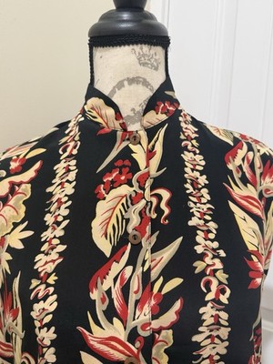 Avanti Silk Hawaii Blouse Women s Black Floral Lei Paradise Sz S Button Down