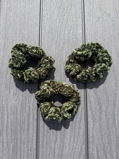 Handmade Crochet Scrunchies   Set of 3 Green Glitter Velvet Hair Ties   Gift Set