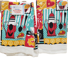 Set of 2 Same Kitchen Terry Towels 15"x25" FOOD, SILVERWARE,CAKES TEAPOT, AM