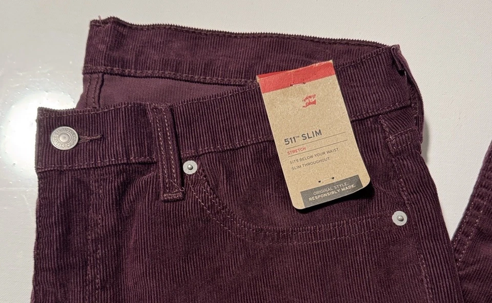 Pantalones de pana Levis para hombre 36 34 511 ajustados borgoña Foto 2 de 4
