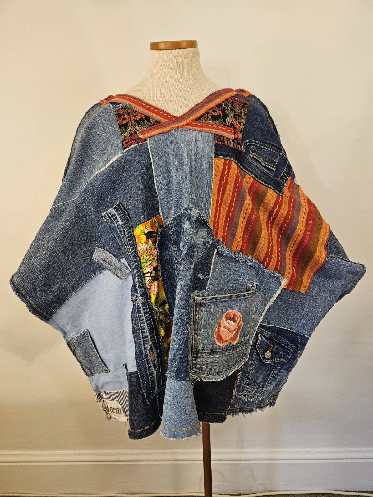 OOAK Denim Patchwork Festival Poncho Boho Hippie Wearable Art Warm With Pockets