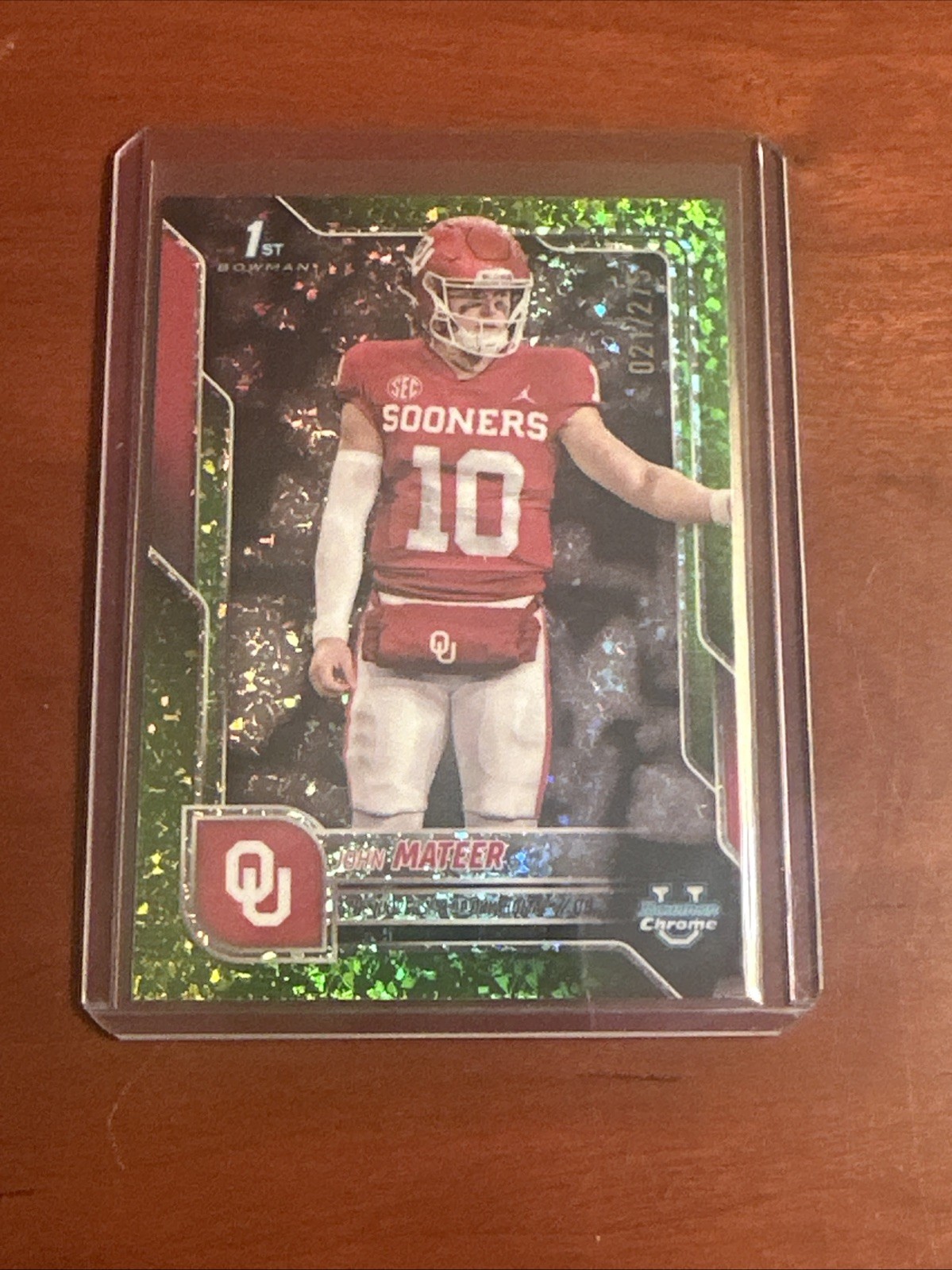 John Mateer 2025 Bowman U Chrome Lime Green Mini Diamond /275 Oklahoma 1st
