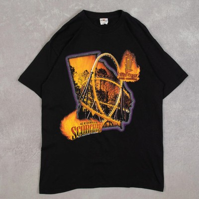 Vintage 90s Six Flags Single Stitch Graphic T-Shirt L Herren Schwarz Location