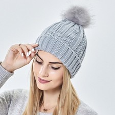 Fashion Stretchy Satin Lined Skull Knit Hats Beanie Hat For Women Faux Fur Pom P