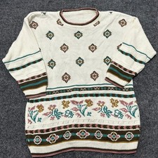 Unbranded Sweater Womens Size M White Floral Geometric Knit Long Sleeve Casual