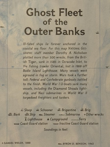 1970 National Geographic Ghost Fleet of the Outer BanksShipwreck Map Framed L%K - Picture 9 of 11