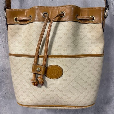 GUCCI Canvas Bucket Shoulder Bag Beige Brown Drawstring Vintage Logo Authentic