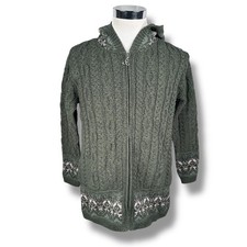 Aran Crafts Merino Fair Isle Zip Cardigan Sweater Women s Small Hood Green New