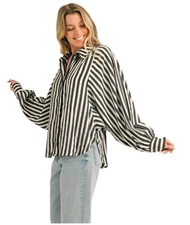 FRANKLIN & ROSEMARY Stripe A Pose Blouse Oversized Sleeves size-L 