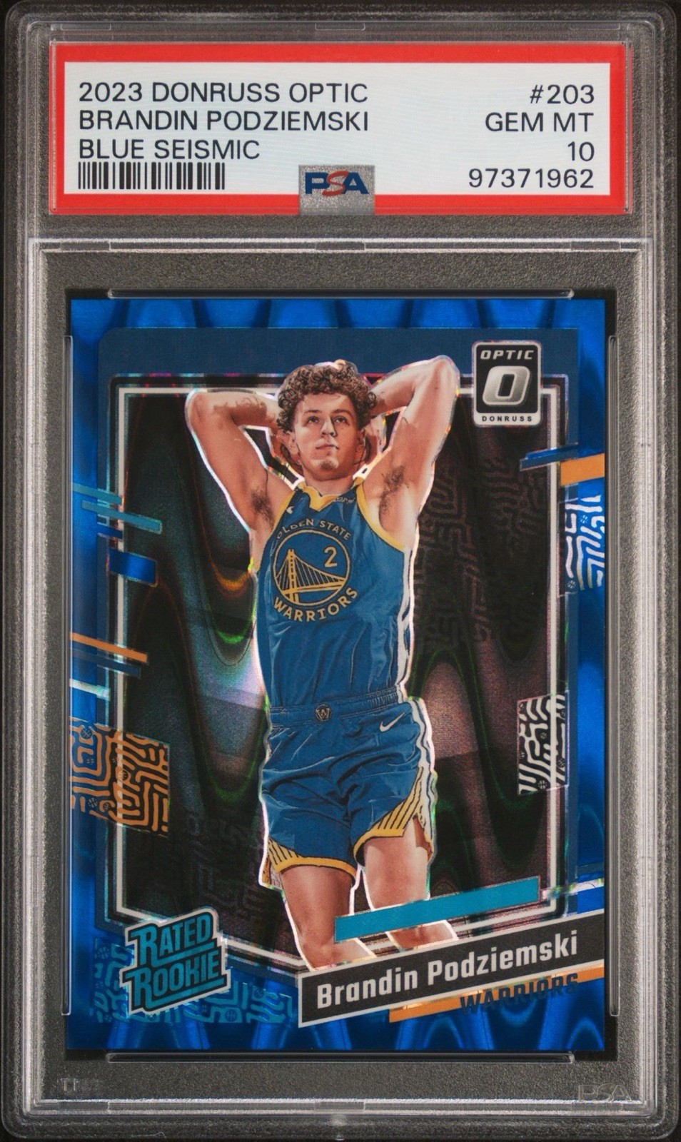Brandin Podziemski 2023 Optic PSA 10 Blue Seismic /249 Rookie Warriors (RC)