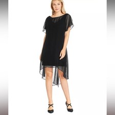 NWT Adrianna Papell Black Chiffon Flutter Sleeve A-Line Dress XS