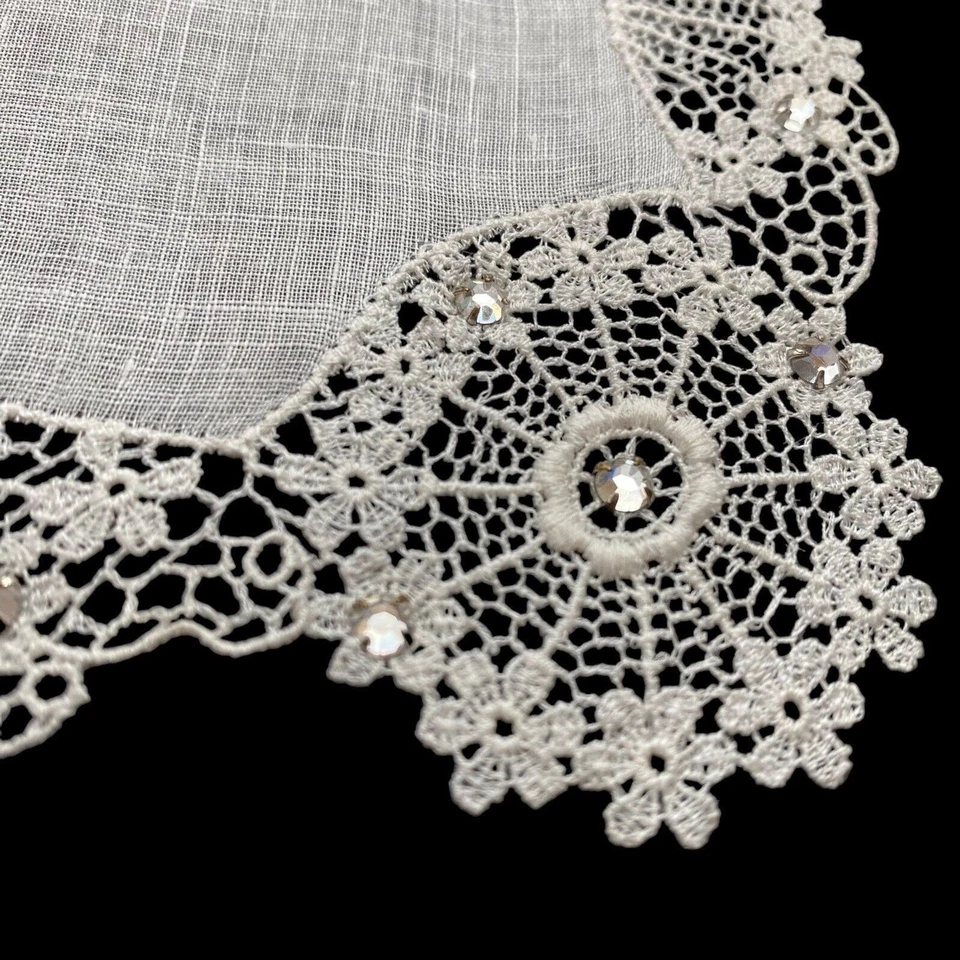 Vtg Hanky Handkerchief Cream Linen Lace Edge with Prong Set Rhinestones - Image 3 of 4