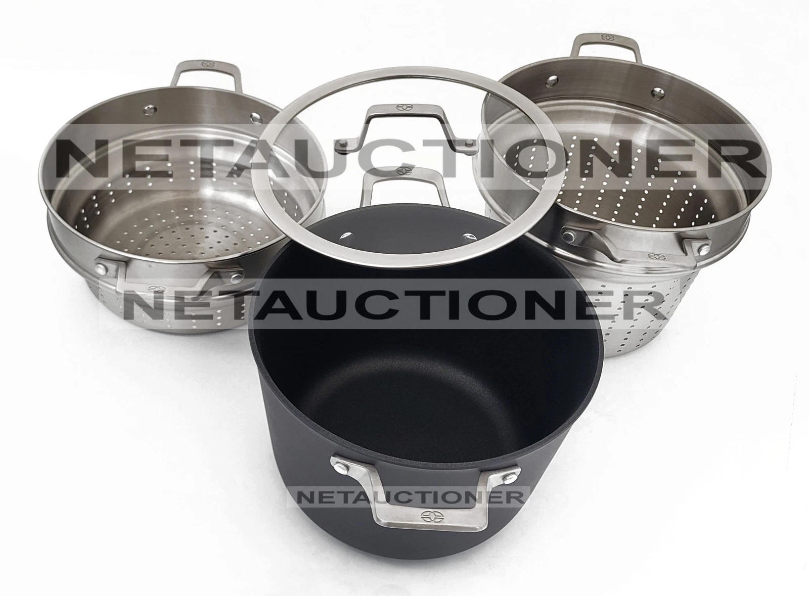 New CALPHALON Premier Nonstick 8 Qt Stockpot w/ Strainer & Steamer Multipot Set