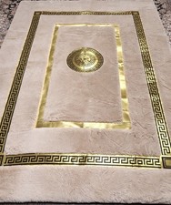 Beige Faux Fur Rug Greek Key Border Luxury Soft Plush Carpet 160x220 cm