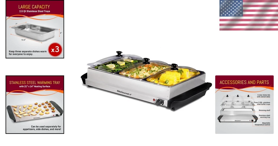 Elegante servidor buffet triple de acero inoxidable de 3 x 2,5 cuartos con control de temperatura Foto 2 de 4