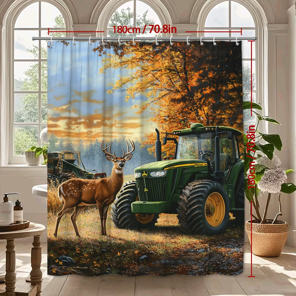 Deer and tractor shower curtain rustic autumn forest farm bathroom decor for men - Image 3 of 4