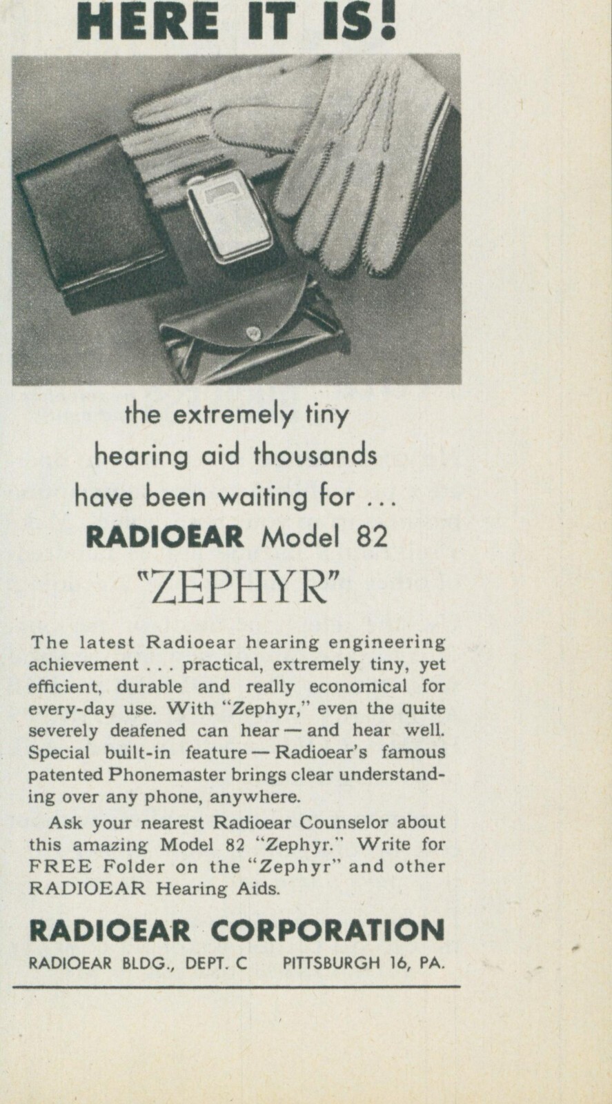 1952 Zephyr Tiny Hearing Aid Radioear Model 82 Gloves Bag Vtg Print Ad
