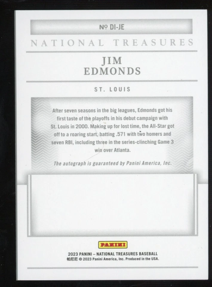 Jim Edmonds 2023 National Treasures Auto Definitive Ink Serial #d /49 St Louis - Image 2 of 2