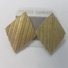 Art Deco Textured Diamond-Shaped Gold Tone Pierced Earrings Brushed 80s 90s