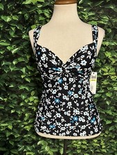 Anne Cole Twist Front Cup Tankini Swim Top 34B 32C Black White Floral Padded New