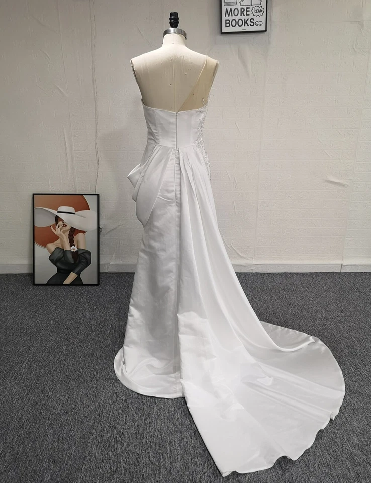 One Shoulder Mermaid Wedding Dresses Feather Sequined Backless Satin Bridal Gown - Image 3 of 4