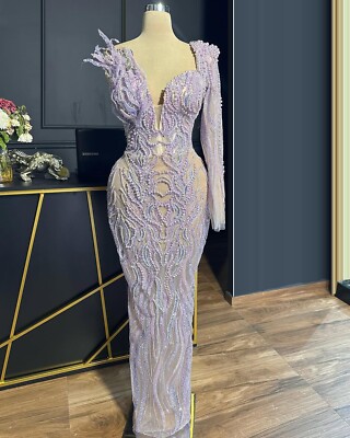 Lowime Coral Irregular Collar Design Evening Party Dress Purple Pearl Prom Dress