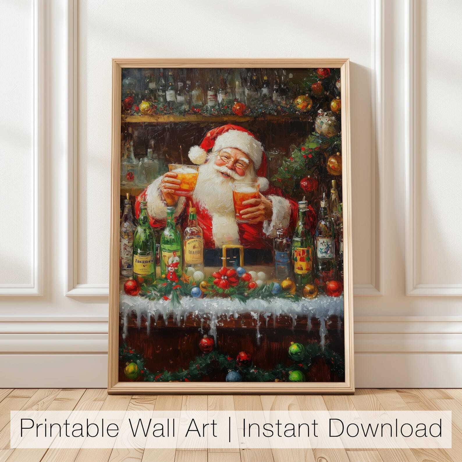 Funny Santa Claus Bar Art Christmas Printable Decor Holiday Wall Art Santa