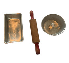 Vtg Miniature Baking Lot Aluminum Bunt Bread Pan Wood Rolling Pin Toy 3 Piece
