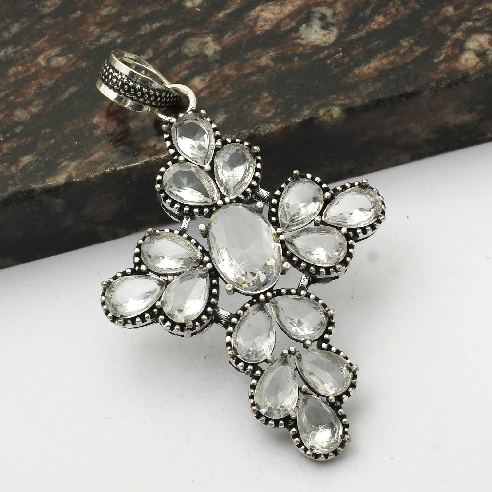 White Topaz Gemstone Handmade Cross Pendant Jewelry Gift For Girl  AP-15881