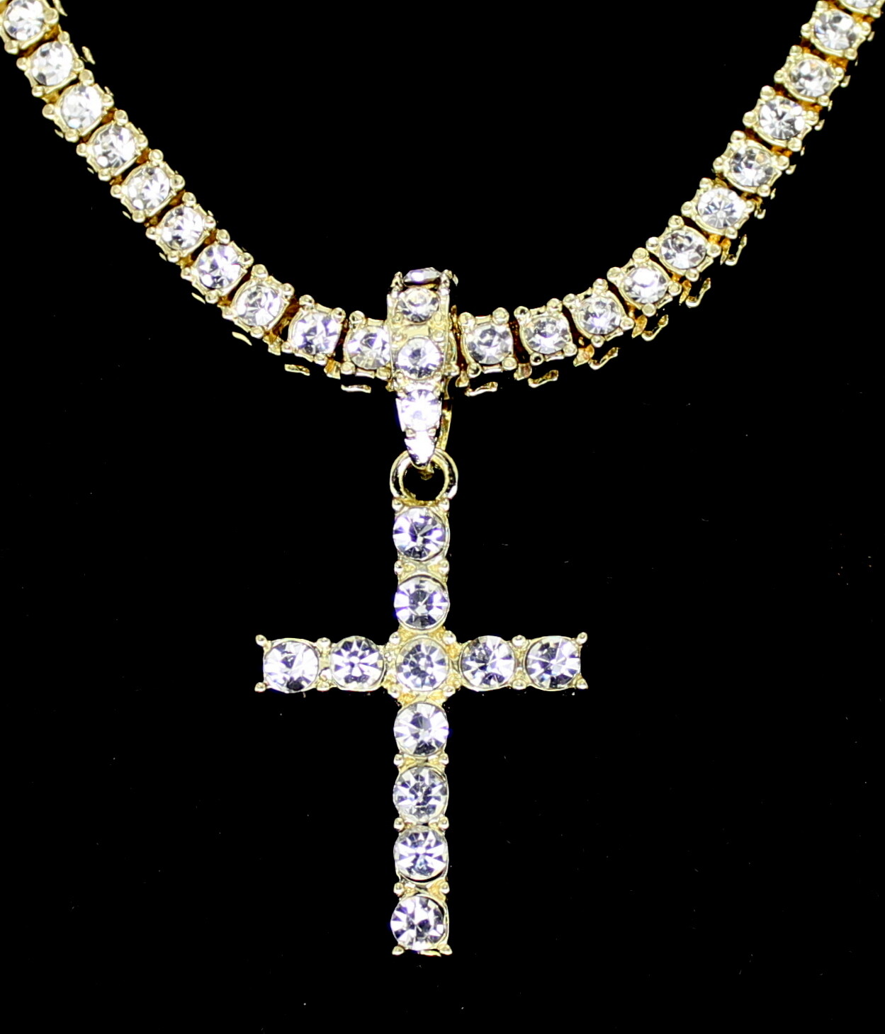 Iced CZ Cross Pendant Medallion Tennis Necklace Set 14k Gold Plated Hip Hop