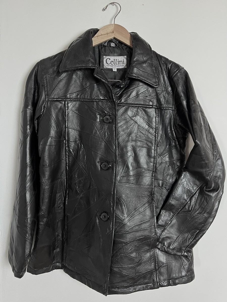 Cellini Leather Coat Black Stitch Mosaic Patch Button Up