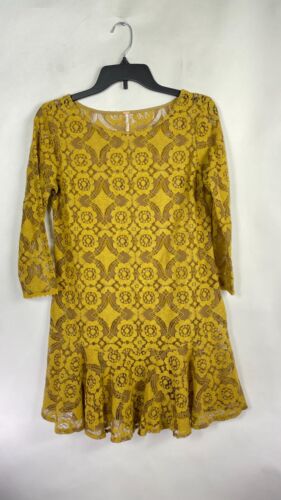 Free People Womens Babydoll Dress Lace See Through Embroidered Floral Gold Sz 2. - Picture 1 of 8